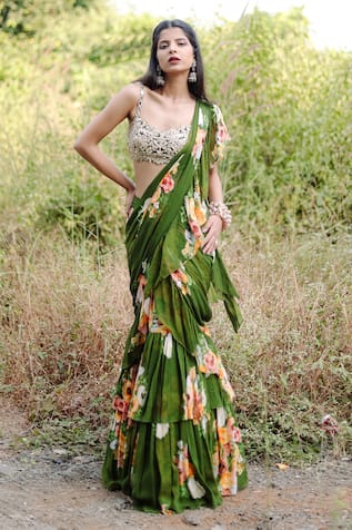 Foram Patel Gardenia Bloom Print Ruffle Saree & Blouse 