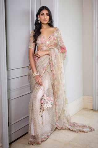 Mahima Mahajan Persian Blossom Print Pre-Draped Saree Set 
