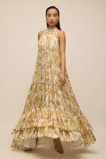 slim fit dress slacks Amisha Metallic Pleated Shell Cups Hollow Gold Pendant Strapless Drape Slit Maxi Dress main image 0