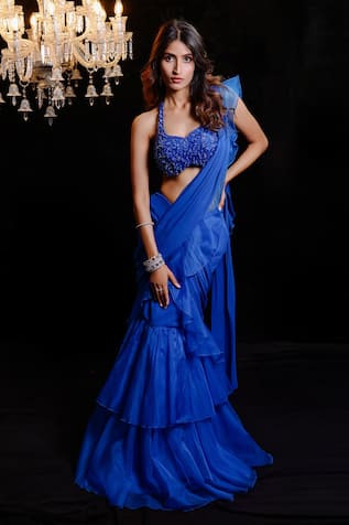 Foram Patel Electric Blue Pre-Draped Ruffle Saree Set 