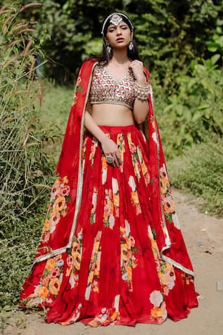 Foram Patel Floral Bloom Print Pleated Lehenga Set 