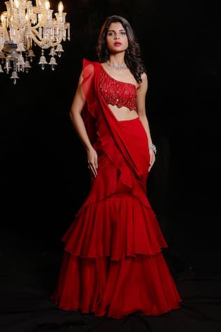 Foram Patel Red Pre-Draped Ruffle Saree Set 