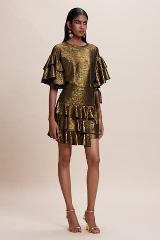 Kangana Trehan Metallic Ruffle Wrap Dress 