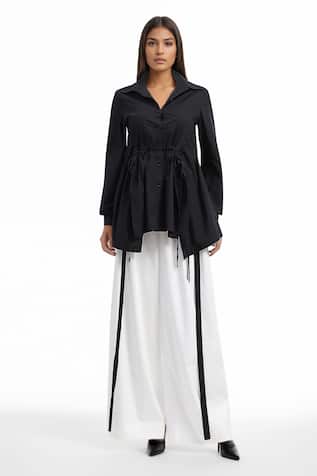 AK-OK Black Asymmetric Ruched Shirt & Trouser Set 