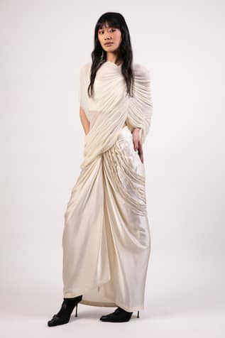 AK-OK Sheer Ruched Asymmetric Top & Draped Skirt Set 