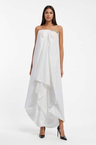 AK-OK Patch Embroidered Off Shoulder Draped Dress 