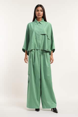AK-OK Green Boxy Crop Shirt & Flared Trouser Set 