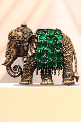 Cosa Nostraa Antique Gold Elephant Brooch with Emerald Stones 
