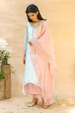 Naaz By Noor Frost Blue Bloom Embroidered Kurta Set 