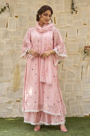 Naaz By Noor Baby Pink Heart Embroidered Kurta Sharara Set 