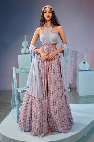 Zamoraa The Label Geometric Print Cut-Out Anarkali Gown 