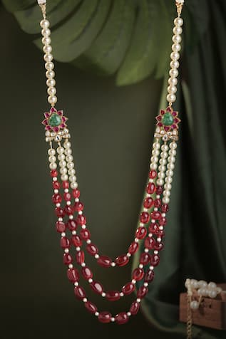 Riana Jewellery Layered Ruby & Jade Stone Necklace 