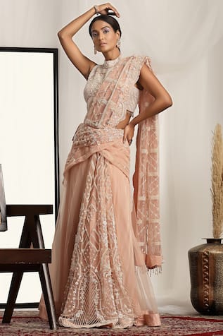 HOUSE OF SUPRIYA Embroidered Pre-Draped Saree With Blouse 