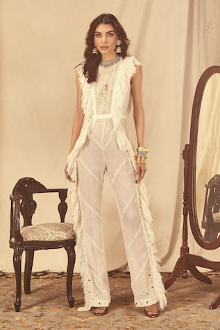 House of Three Adhira Chikankari Embroidered Panelled Jumpsuit 