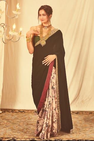 House of Three Anvi Embroidered Floral Half & Half Saree 