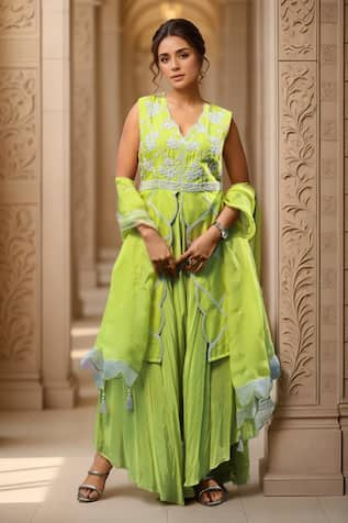 Samyukta Singhania Pearl Bloom Embroidered Front Slit Kurta & Sharara Set 