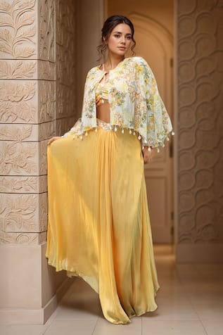 Samyukta Singhania Flower Embroidered Cape & Skirt Set 