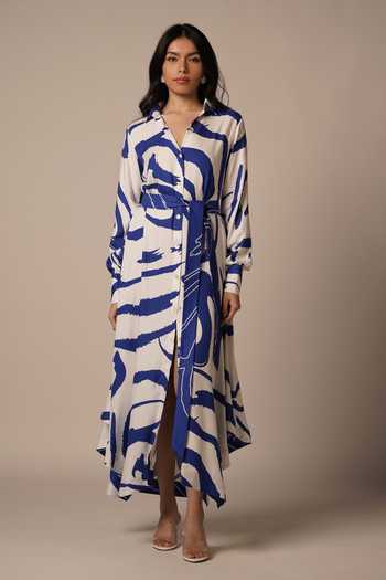 Advait Blue Abstract Print Maxi Shirt Dress 