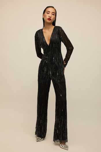 House Of Eda Black Hand Embellished Wide Leg Jumpsuit 