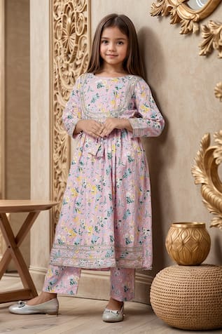 Floral Print Embroidered Anarkali & Trouser Set 