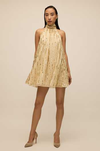 House Of Eda Gold Halter Neck Hand Embellished Dress 