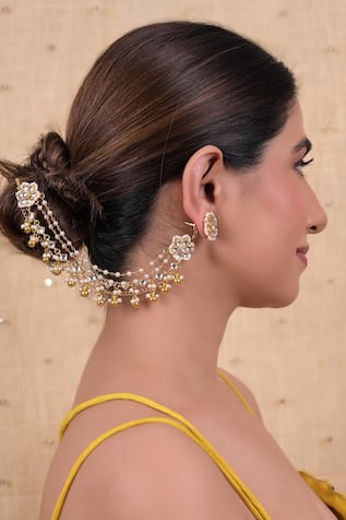 Shlok Jewels Pearl & Kundan Bloom Earchains Set 
