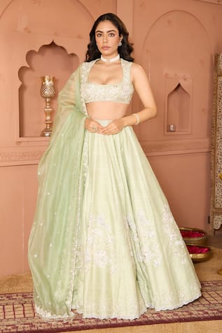 Peacock & Floral Embroidered Silk Organza Lehenga Set 