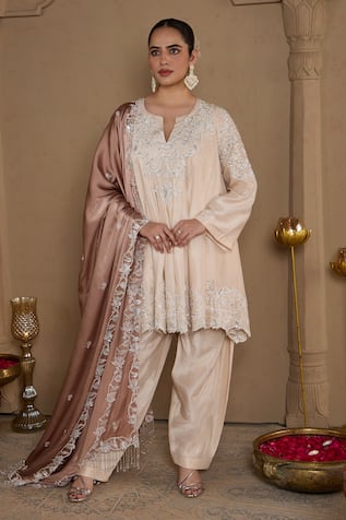 Floral Embroidered Silk Satin Kurta Pant Set 