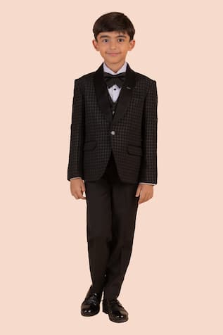 Partykles Black Jacquard Coat & Pant Set 