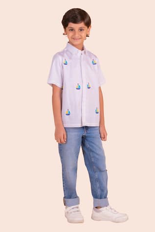 Partykles Ship Motif Embroidered White Shirt 