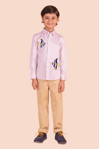 Partykles Fish Motif Embroidered Cotton Shirt 