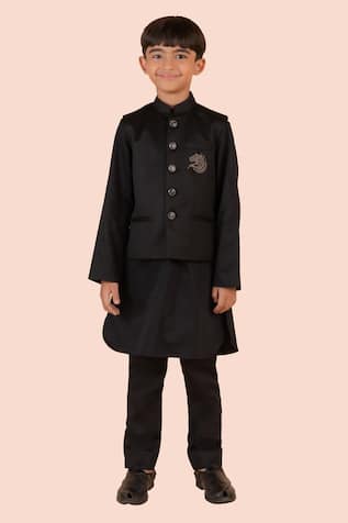 Partykles Bead Embroidered Black Bundi Kurta Set 