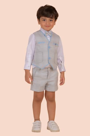Beige Checkered Waistcoat & Shorts Set 