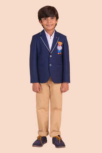Partykles Navy Blue Teddy Bear Embroidered Blazer 