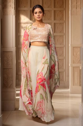 Samyukta Singhania Floral Print Embellished Cape & Sharara Set 