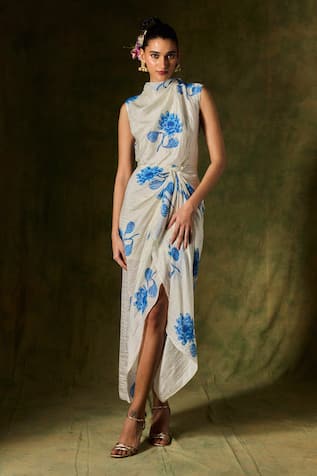 Jodi Floral Handblock Print Draped Dress 