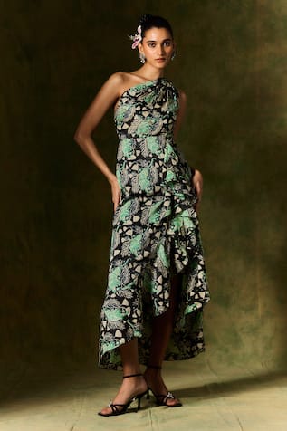 Jodi Black Floral Leaf One Shoulder Ruffle Dress 