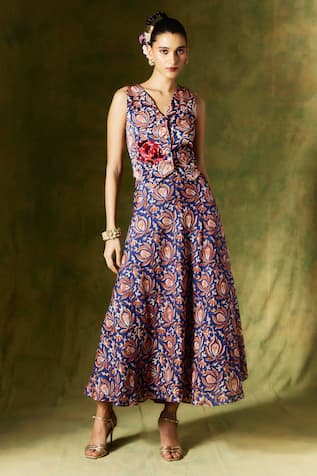 Jodi Floral Handblock Print Flared Skirt 