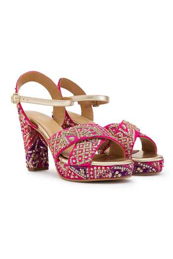 Anaar Fuchsia Zardozi Embroidered Block Heels 