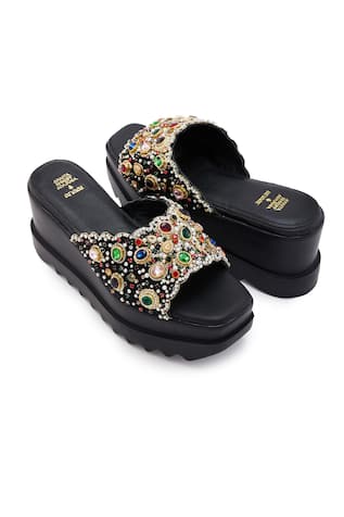 Black Satin Stone & Pearl Work Platform Heels 