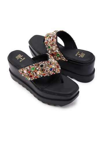 Anaar Black Satin Platform Heels with Embellishments 