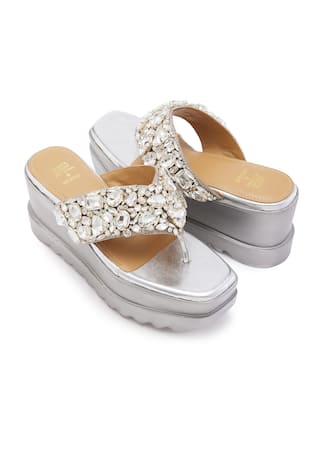 Stone Embellished Silver Wedge Sandals 