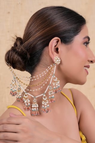 Shlok Jewels Pearl & Kundan Tassel Earchains Set 