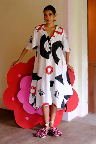 Jodi Geometric Handblock Print Midi Dress 