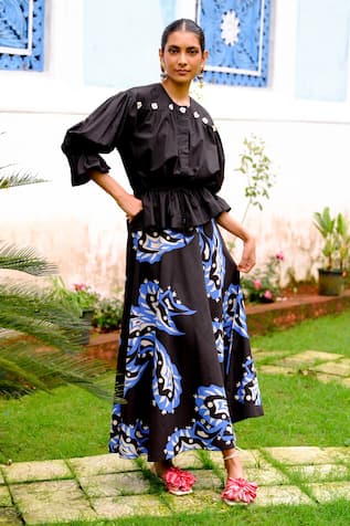 Jodi Black Puff Sleeve Top & Abstract Print Skirt 