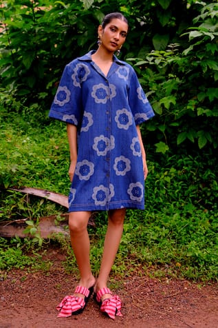 Jodi Floral Printed Denim Shift Dress 