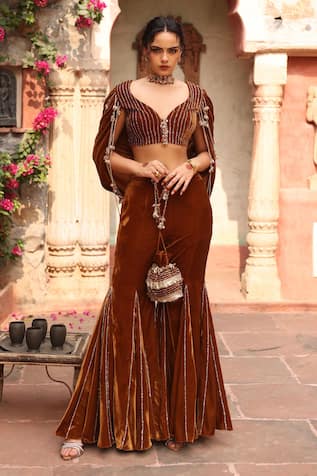 Honey Gold Velvet Blouse & Sharara Set 