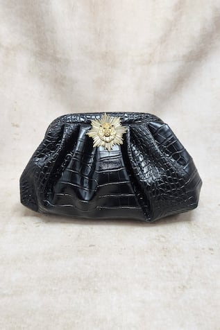 Adwita Bags & Jewels Lion Brooch Textured Pouchette Bag 