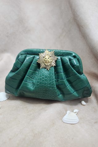 Adwita Bags & Jewels Textured Green Pouchette Bag With Lion Brooch 