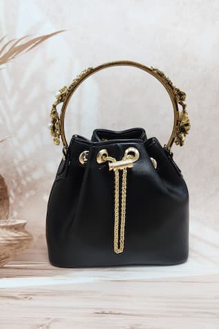 Adwita Bags & Jewels Black Carved Floral Handle Bucket Bag 